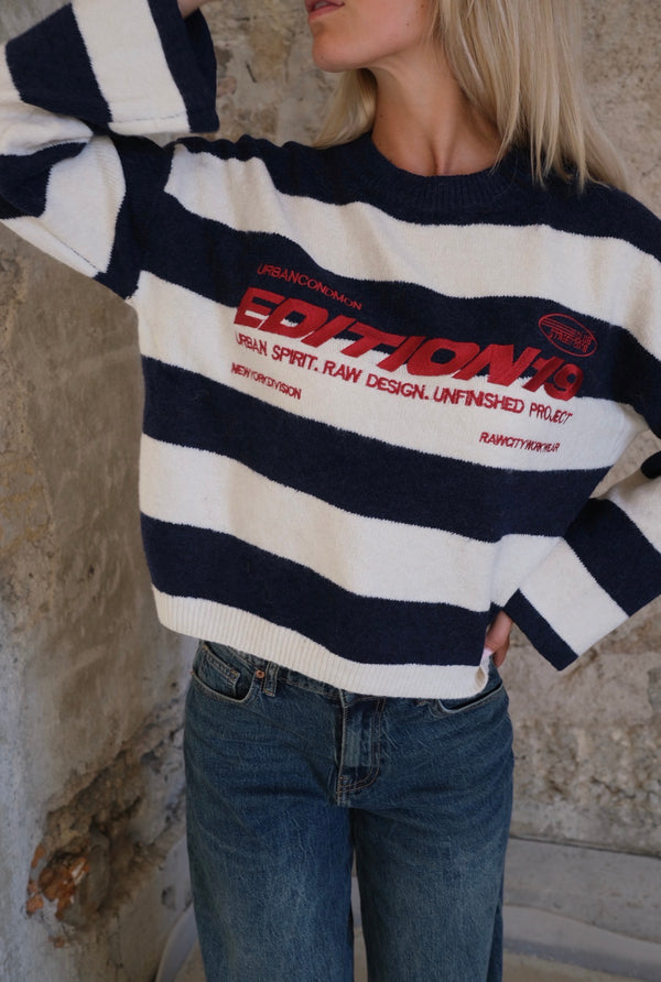 Pull Édition19 rayé bleu marine