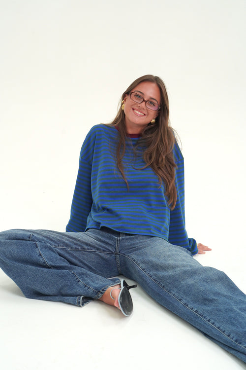 T-shirt Enza Bleu Col Bordeaux