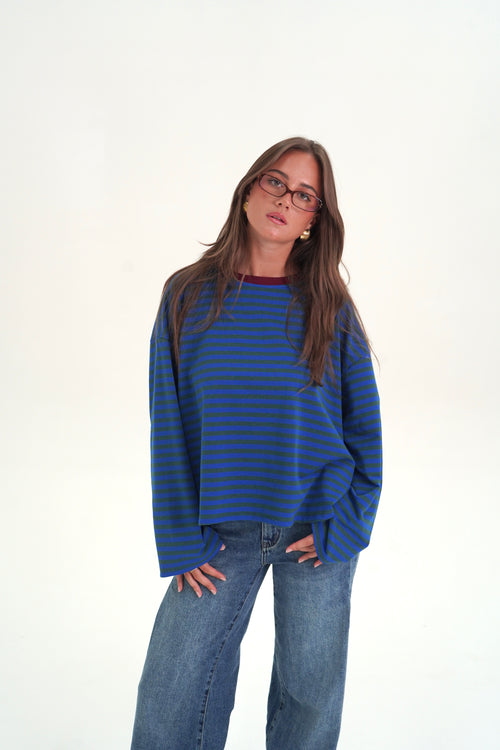 T-shirt Enza Bleu Col Bordeaux