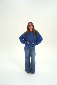 T-shirt Enza Bleu Col Bordeaux
