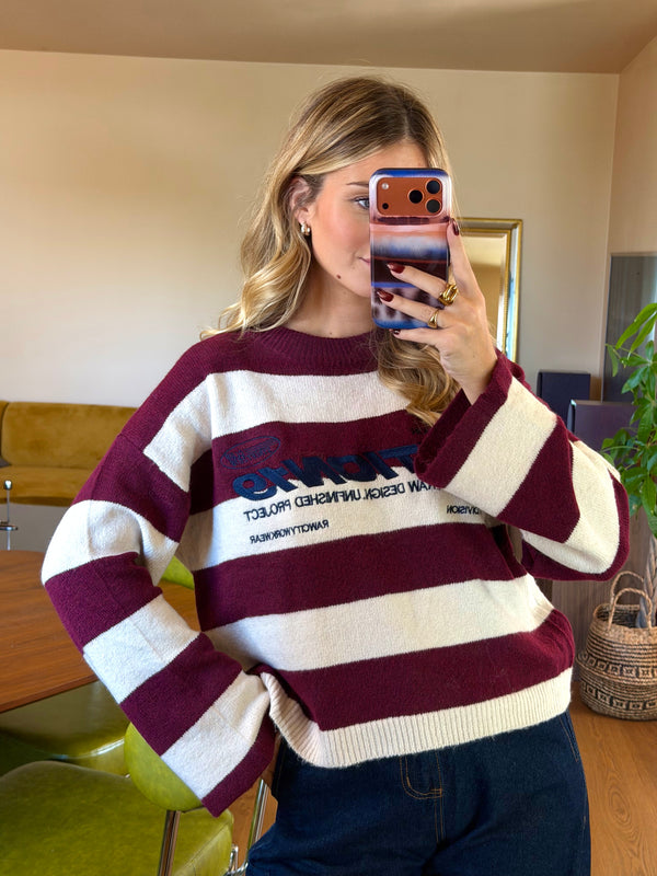 Pull Édition19 rayé bordeaux